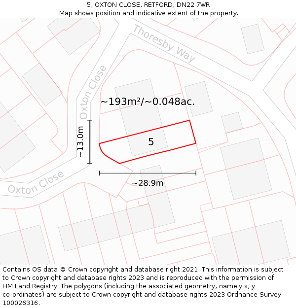 5, OXTON CLOSE, RETFORD, DN22 7WR: Plot and title map