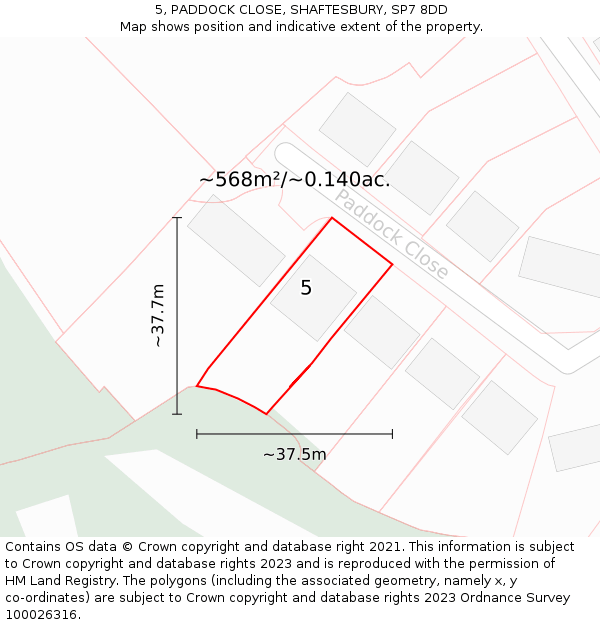 5, PADDOCK CLOSE, SHAFTESBURY, SP7 8DD: Plot and title map