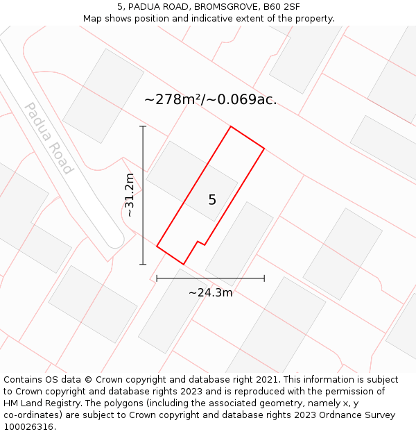 5, PADUA ROAD, BROMSGROVE, B60 2SF: Plot and title map