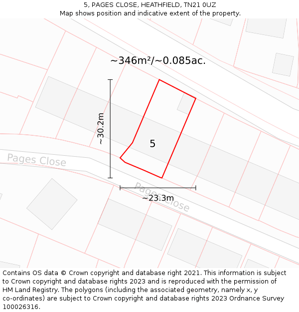 5, PAGES CLOSE, HEATHFIELD, TN21 0UZ: Plot and title map