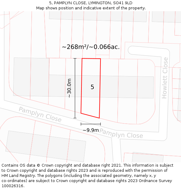 5, PAMPLYN CLOSE, LYMINGTON, SO41 9LD: Plot and title map