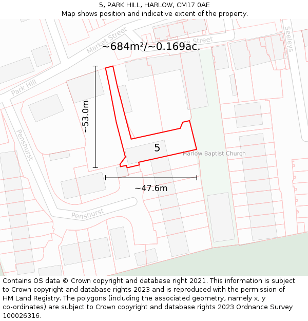 5, PARK HILL, HARLOW, CM17 0AE: Plot and title map