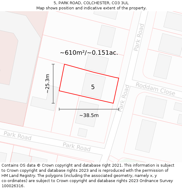5, PARK ROAD, COLCHESTER, CO3 3UL: Plot and title map