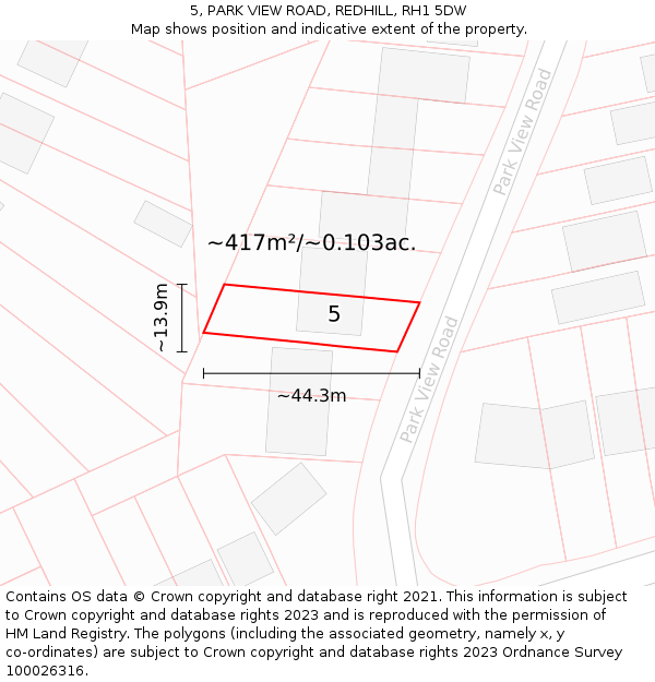 5, PARK VIEW ROAD, REDHILL, RH1 5DW: Plot and title map