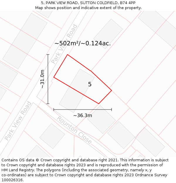 5, PARK VIEW ROAD, SUTTON COLDFIELD, B74 4PP: Plot and title map