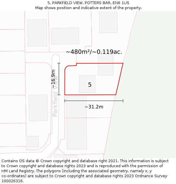 5, PARKFIELD VIEW, POTTERS BAR, EN6 1US: Plot and title map