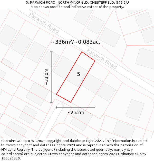 5, PARWICH ROAD, NORTH WINGFIELD, CHESTERFIELD, S42 5JU: Plot and title map