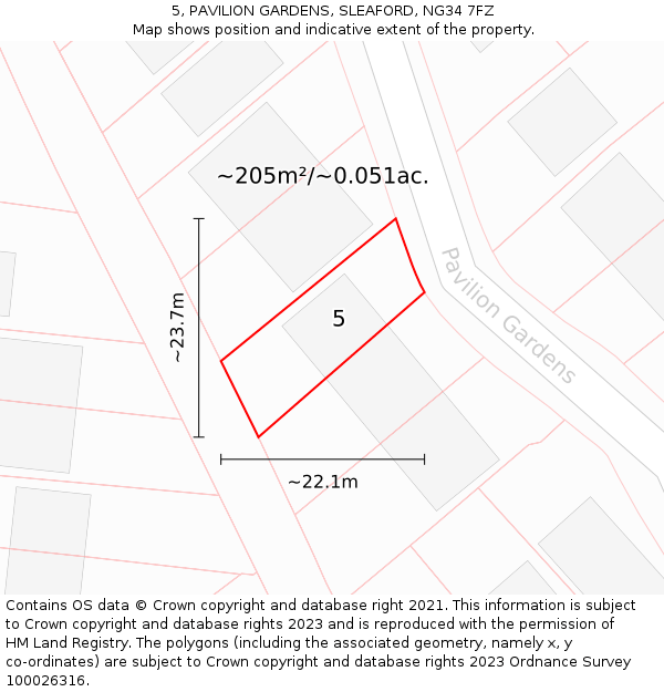 5, PAVILION GARDENS, SLEAFORD, NG34 7FZ: Plot and title map