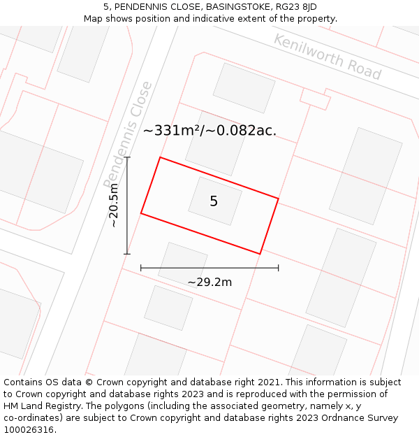 5, PENDENNIS CLOSE, BASINGSTOKE, RG23 8JD: Plot and title map