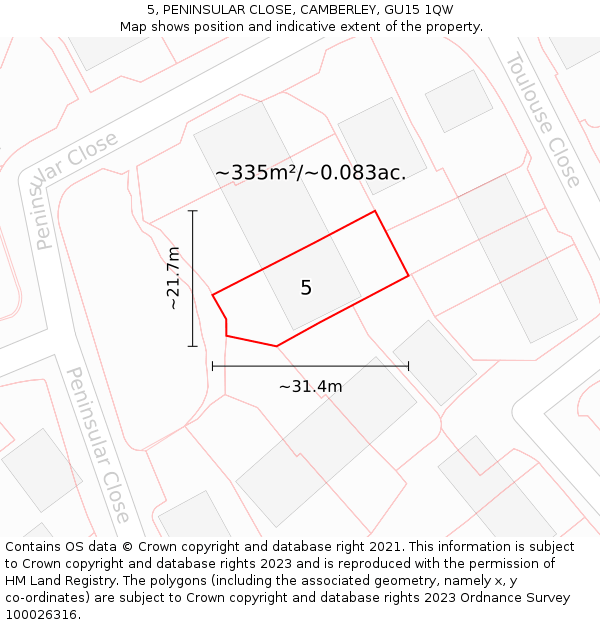 5, PENINSULAR CLOSE, CAMBERLEY, GU15 1QW: Plot and title map