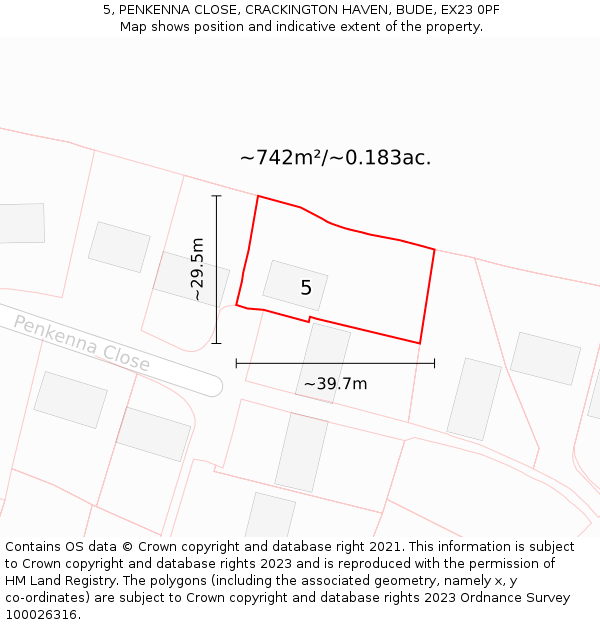 5, PENKENNA CLOSE, CRACKINGTON HAVEN, BUDE, EX23 0PF: Plot and title map