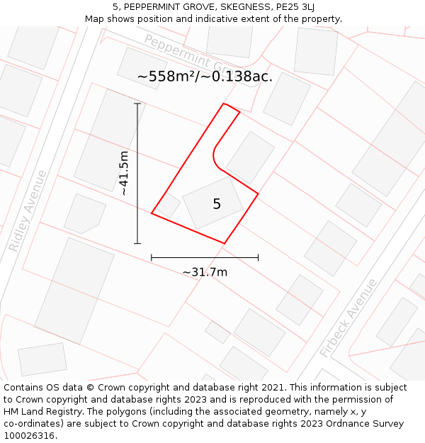 5, PEPPERMINT GROVE, SKEGNESS, PE25 3LJ: Plot and title map