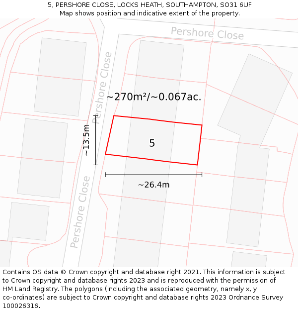 5, PERSHORE CLOSE, LOCKS HEATH, SOUTHAMPTON, SO31 6UF: Plot and title map