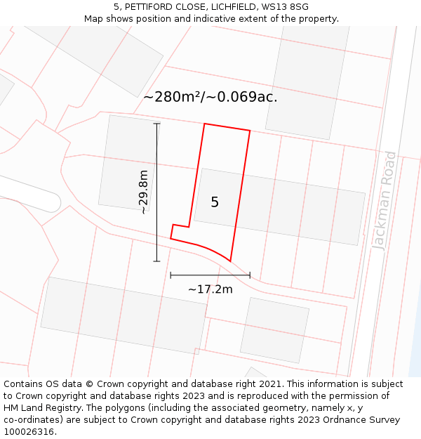 5, PETTIFORD CLOSE, LICHFIELD, WS13 8SG: Plot and title map