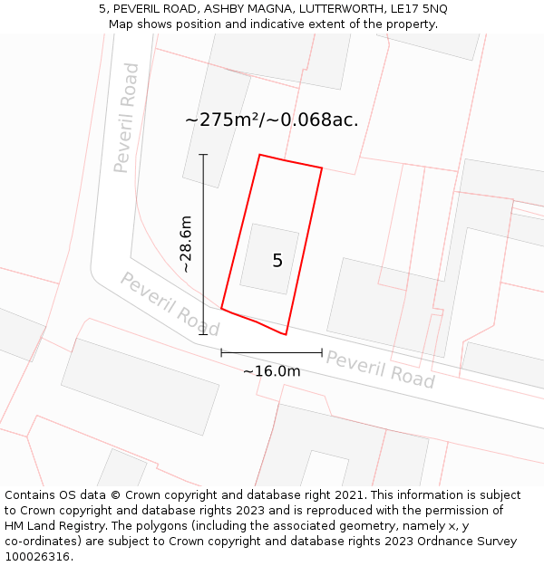 5, PEVERIL ROAD, ASHBY MAGNA, LUTTERWORTH, LE17 5NQ: Plot and title map