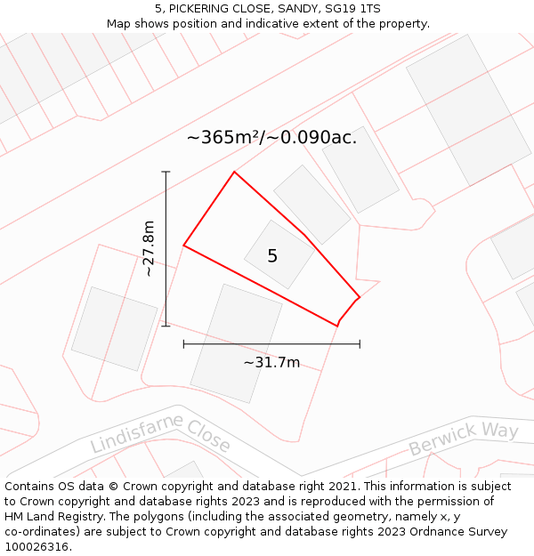 5, PICKERING CLOSE, SANDY, SG19 1TS: Plot and title map
