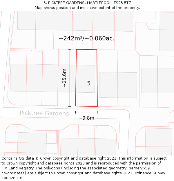 5, PICKTREE GARDENS, HARTLEPOOL, TS25 5TZ: Plot and title map