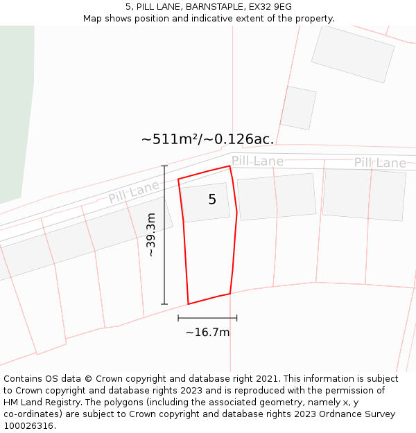 5, PILL LANE, BARNSTAPLE, EX32 9EG: Plot and title map