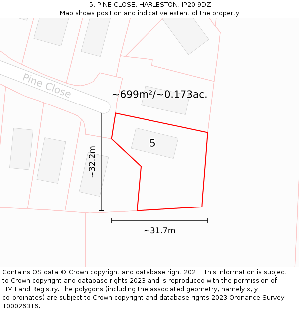 5, PINE CLOSE, HARLESTON, IP20 9DZ: Plot and title map