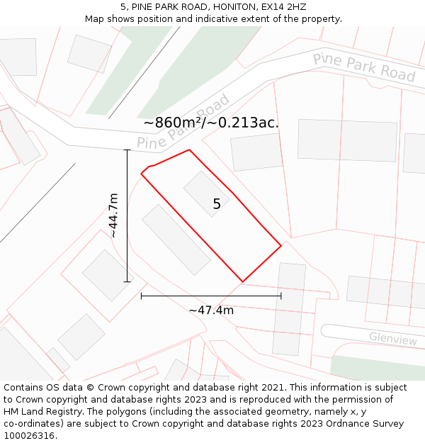 5, PINE PARK ROAD, HONITON, EX14 2HZ: Plot and title map