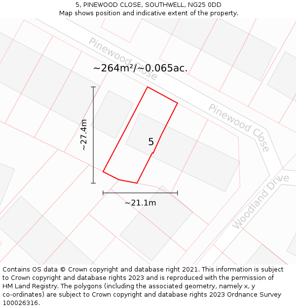 5, PINEWOOD CLOSE, SOUTHWELL, NG25 0DD: Plot and title map