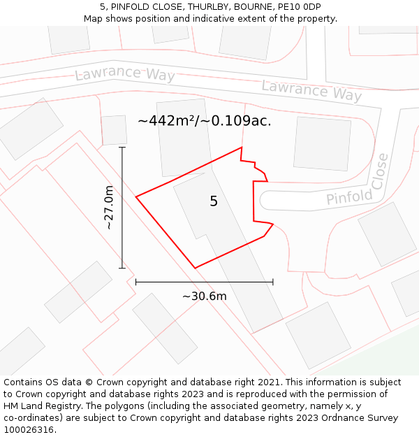 5, PINFOLD CLOSE, THURLBY, BOURNE, PE10 0DP: Plot and title map