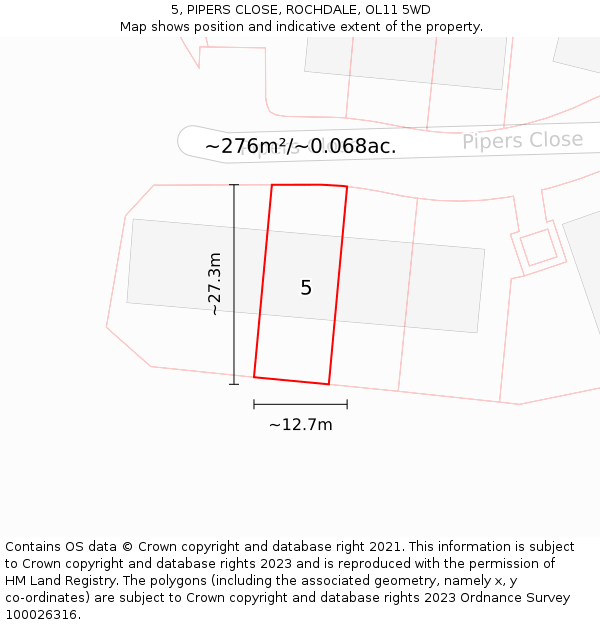 5, PIPERS CLOSE, ROCHDALE, OL11 5WD: Plot and title map