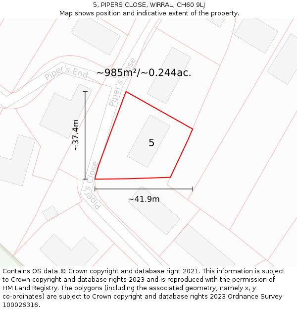 5, PIPERS CLOSE, WIRRAL, CH60 9LJ: Plot and title map