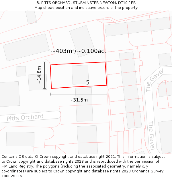 5, PITTS ORCHARD, STURMINSTER NEWTON, DT10 1ER: Plot and title map