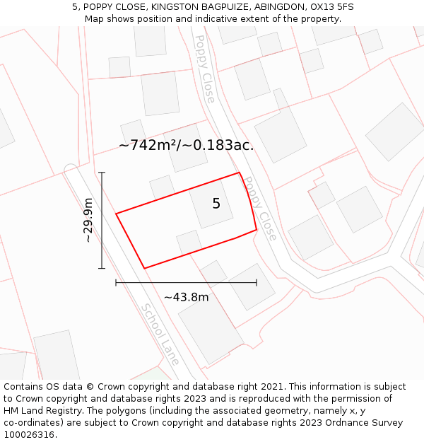 5, POPPY CLOSE, KINGSTON BAGPUIZE, ABINGDON, OX13 5FS: Plot and title map