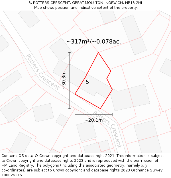 5, POTTERS CRESCENT, GREAT MOULTON, NORWICH, NR15 2HL: Plot and title map