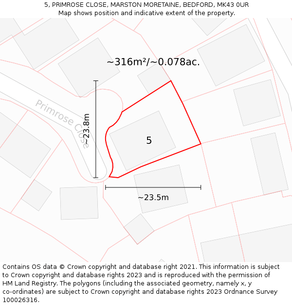 5, PRIMROSE CLOSE, MARSTON MORETAINE, BEDFORD, MK43 0UR: Plot and title map
