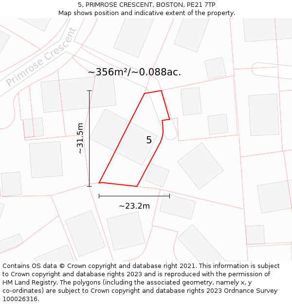 5, PRIMROSE CRESCENT, BOSTON, PE21 7TP: Plot and title map