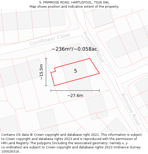 5, PRIMROSE ROAD, HARTLEPOOL, TS26 0WL: Plot and title map