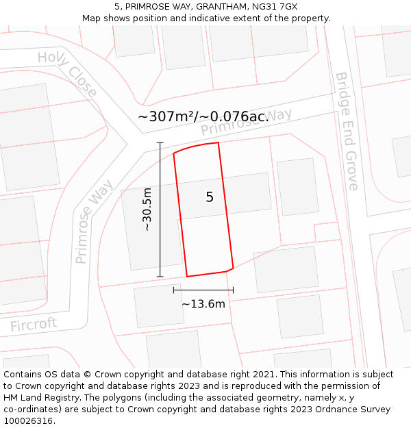 5, PRIMROSE WAY, GRANTHAM, NG31 7GX: Plot and title map