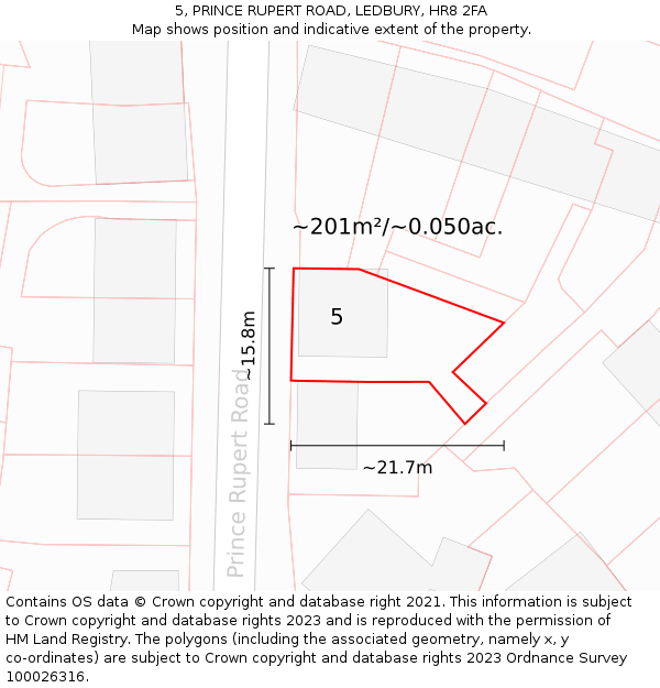 5, PRINCE RUPERT ROAD, LEDBURY, HR8 2FA: Plot and title map