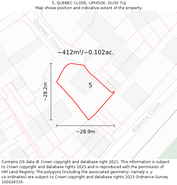 5, QUEBEC CLOSE, LIPHOOK, GU30 7UJ: Plot and title map