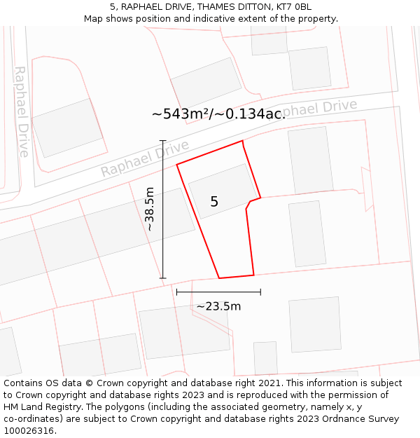 5, RAPHAEL DRIVE, THAMES DITTON, KT7 0BL: Plot and title map