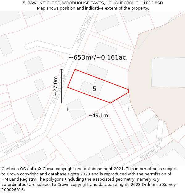 5, RAWLINS CLOSE, WOODHOUSE EAVES, LOUGHBOROUGH, LE12 8SD: Plot and title map