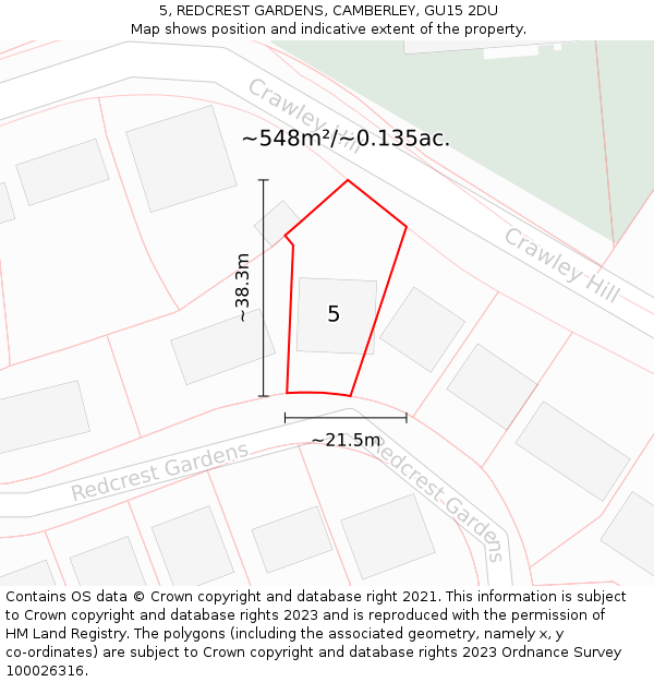 5, REDCREST GARDENS, CAMBERLEY, GU15 2DU: Plot and title map