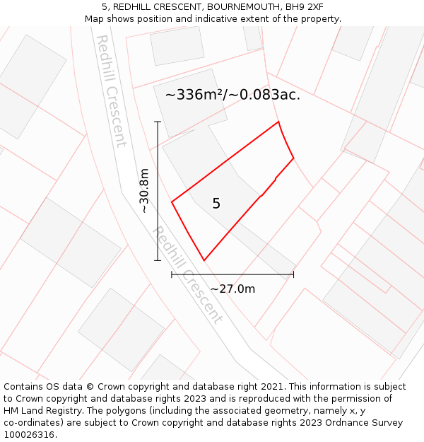 5, REDHILL CRESCENT, BOURNEMOUTH, BH9 2XF: Plot and title map