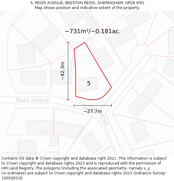 5, REGIS AVENUE, BEESTON REGIS, SHERINGHAM, NR26 8SN: Plot and title map