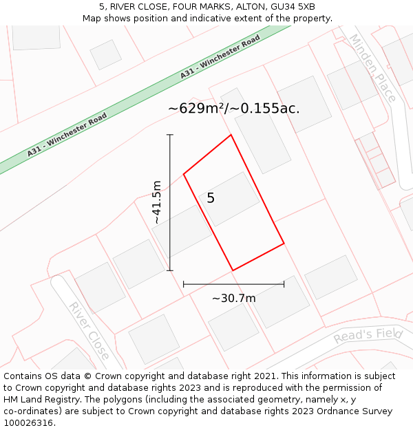 5, RIVER CLOSE, FOUR MARKS, ALTON, GU34 5XB: Plot and title map