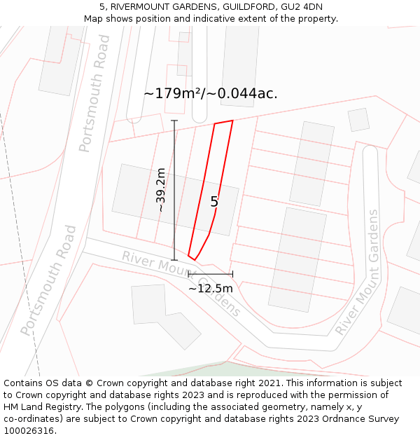 5, RIVERMOUNT GARDENS, GUILDFORD, GU2 4DN: Plot and title map