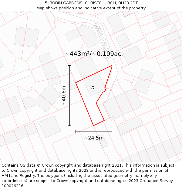 5, ROBIN GARDENS, CHRISTCHURCH, BH23 2DT: Plot and title map