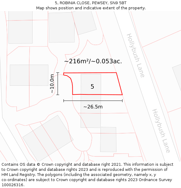 5, ROBINIA CLOSE, PEWSEY, SN9 5BT: Plot and title map