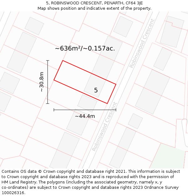 5, ROBINSWOOD CRESCENT, PENARTH, CF64 3JE: Plot and title map