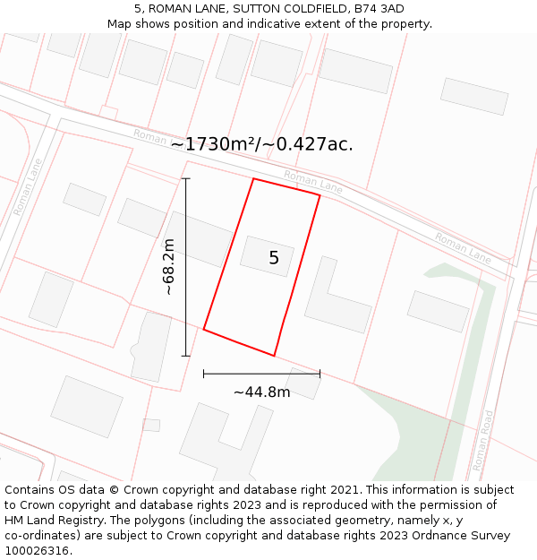 5, ROMAN LANE, SUTTON COLDFIELD, B74 3AD: Plot and title map