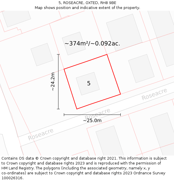 5, ROSEACRE, OXTED, RH8 9BE: Plot and title map