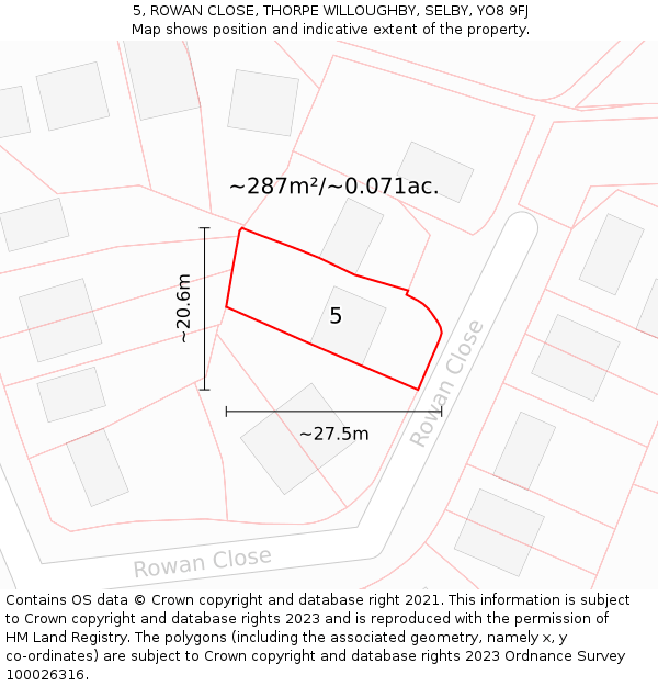 5, ROWAN CLOSE, THORPE WILLOUGHBY, SELBY, YO8 9FJ: Plot and title map